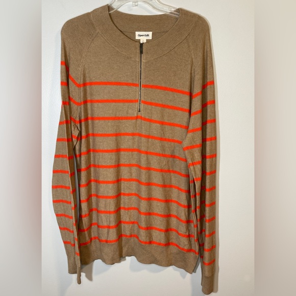 Open Edit Men's Tan Striped Quarter Zip Sweater NWOT - Picture 1 of 6
